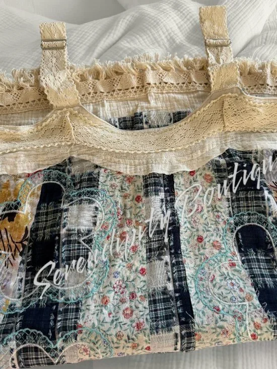 POL Overalls Style 70s Cotton Denim Boho Farm Girl Patchwork Lace Fringe Dress - Picture 7 of 10